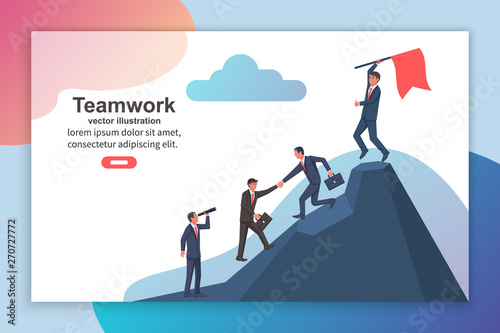 Teamwork concept web template landing page. Team businessmen together rise on mountain with flag. Give help hand. Collaboration concept. Vector design. Business people work together to achieve goal.