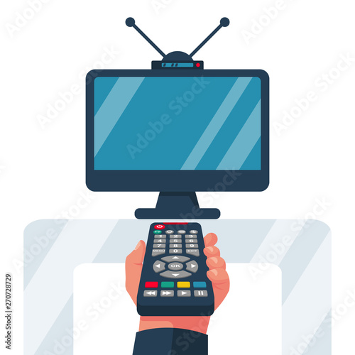 Turn on the TV. Remote control holding in hand. Social media. Rest at home, while watching programs. Vector illustration flat design. Isolated on white background. Watching television. Web design.
