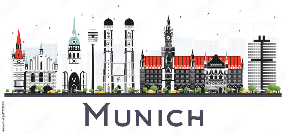 Munich Germany City Skyline with Color Buildings Isolated on White.