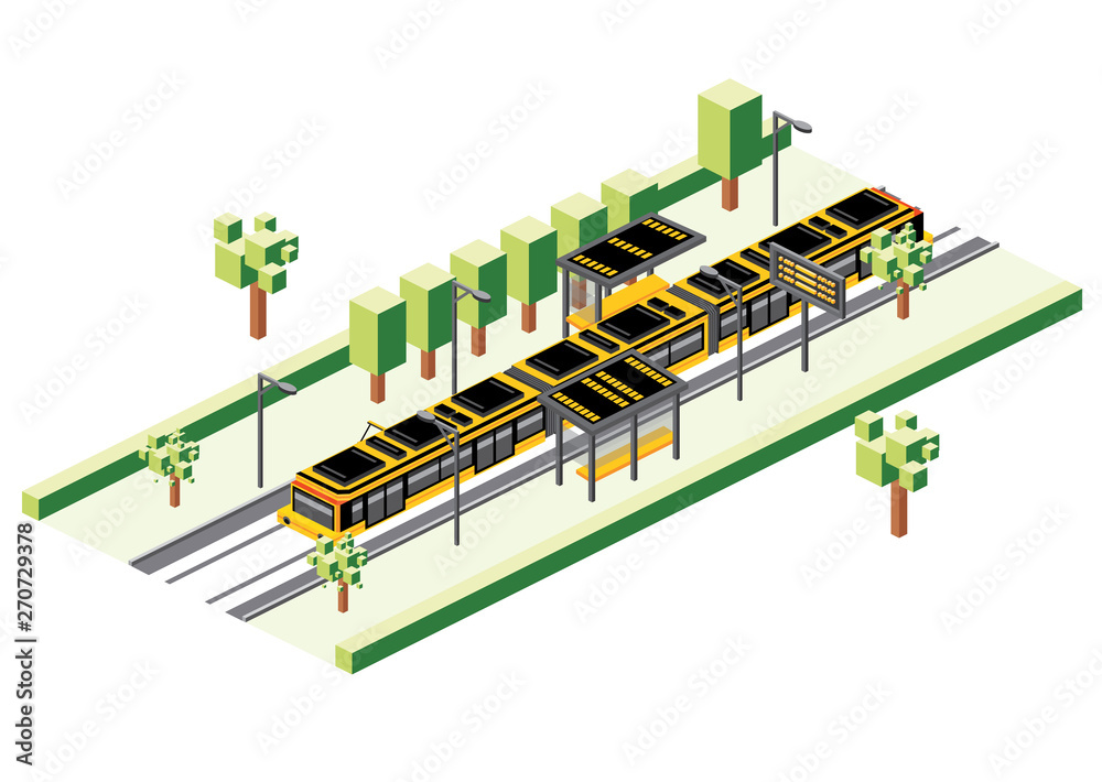 Isometric Tram Station Isolated on White. Railway Electric Train. Isometric Tram Station Isolated on White. Railway Electric Train.