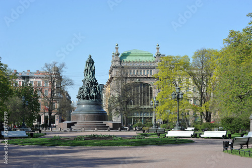 view of the monument to Catherine the great and the house of merchants Eliseev