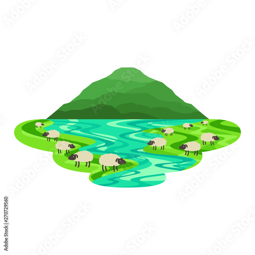 Sheep in the Field with Lake Countryside Landscape Vector