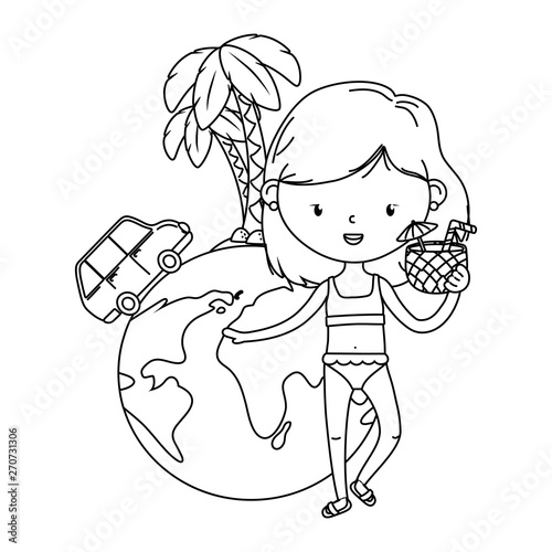summer and kids cartoon in black and white