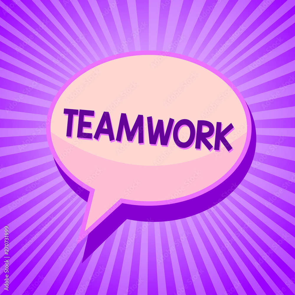 Conceptual hand writing showing Teamwork. Business photo text Group of people who work together as one and with the same aim Speech bubble idea reminder purple shadows important intention ray Conceptual hand writing showing Teamwork. Business photo text Group of people who work together as one and with the same aim Speech bubble idea reminder purple shadows important intention ray