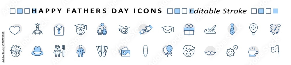 Banner Father's Day Set Line Vector Icon. Cover Contains such Icons as Father, Family, Mustache, Dad, Tie, Shirt, Handshake, Hat, Coffee, Purse, Gift, Portfolio, Love and more. Editable Stroke Banner Father's Day Set Line Vector Icon. Cover Contains such Icons as Father, Family, Mustache, Dad, Tie, Shirt, Handshake, Hat, Coffee, Purse, Gift, Portfolio, Love and more. Editable Stroke