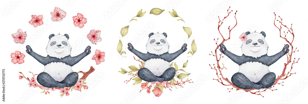Fototapeta premium Panda bear sitting in lotus position with sakura wreath, Cute yoga animal illustration