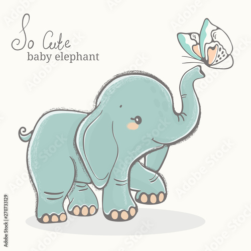 Baby elephant with butterfly illustration, cute animal drawing
