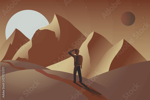 Adventure man with backpack, traveler on Mars watching the sunrise