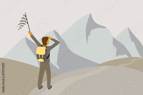 Adventure traveler with a backpack and a flag in his hand