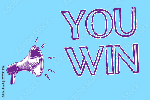 Word writing text You Win. Business concept for be first in school race or competition Got gold medal Rating Megaphone loudspeaker blue background important message speaking loud