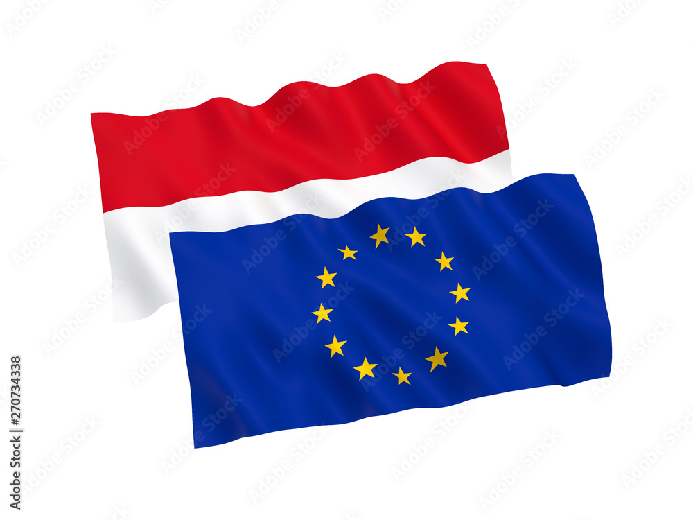 National fabric flags of Indonesia and European Union isolated on white background. 3d rendering illustration. 1 to 2 proportion. National fabric flags of Indonesia and European Union isolated on white background. 3d rendering illustration. 1 to 2 proportion.
