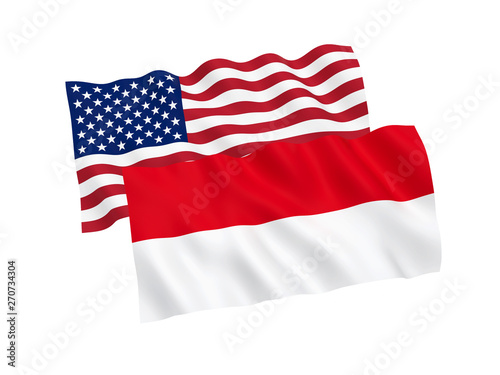 National fabric flags of Indonesia and America isolated on white background. 3d rendering illustration. 1 to 2 proportion.