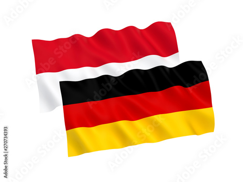 National fabric flags of Germany and Indonesia isolated on white background. 3d rendering illustration. 1 to 2 proportion.