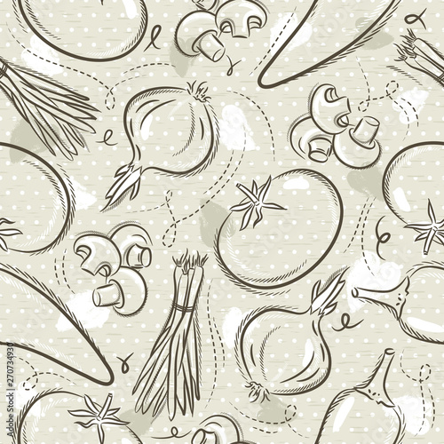 Beige Seamless Patterns with vegetable, tomato, onions, pepper. Ideal for printing onto fabric and paper or scrap booking, vector.