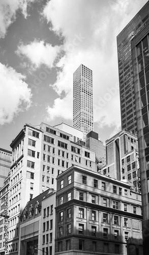 Black and white picture of New York City diverse architecture.