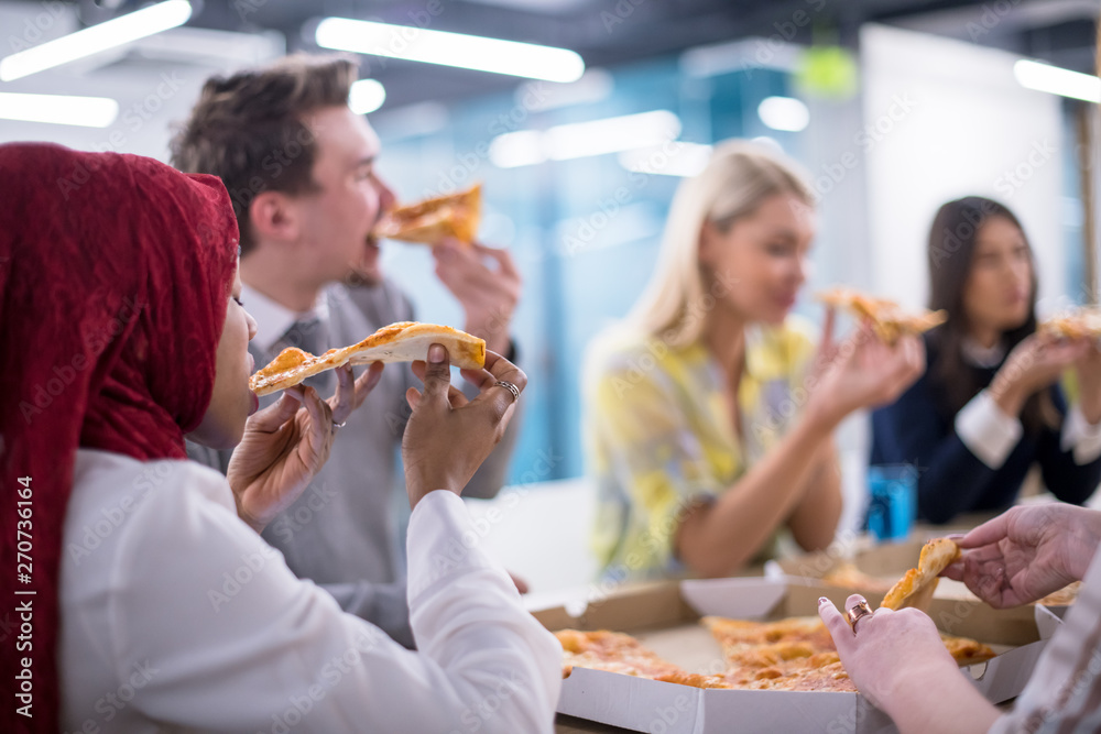 multiethnic business team eating pizza multiethnic business team eating pizza