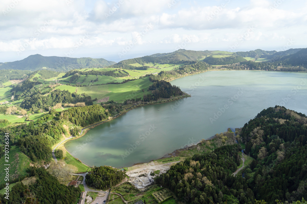 mountain landscape with green lake in the Azores