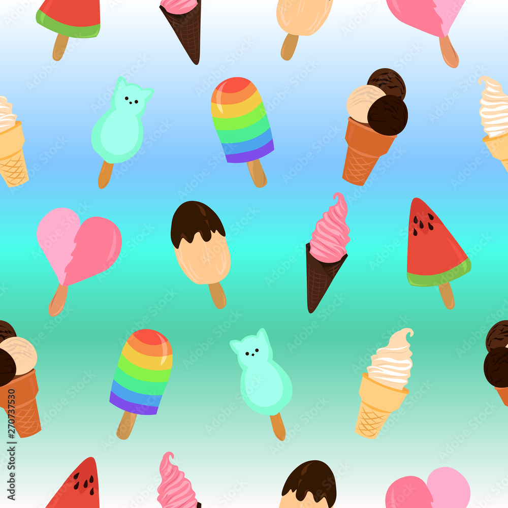 Ice cream pattern on blue gradient background. Design for wallpaper, tiles, textiles, stationery, clothing, cafes. Ice cream pattern on blue gradient background. Design for wallpaper, tiles, textiles, stationery, clothing, cafes.