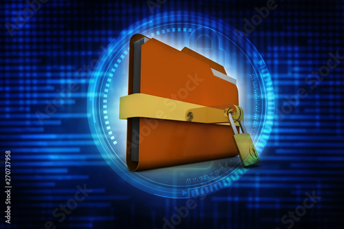 Yellow folder and lock. Data security concept. 3D rendering