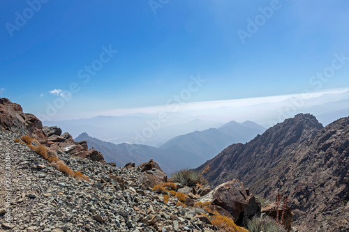 Mountain summit view with landscape of Andes and Aconcagua on clear day in La Campana National park in central Chile, South America © nomadkate