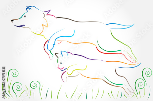 Logo dog and cat jumping on the grass