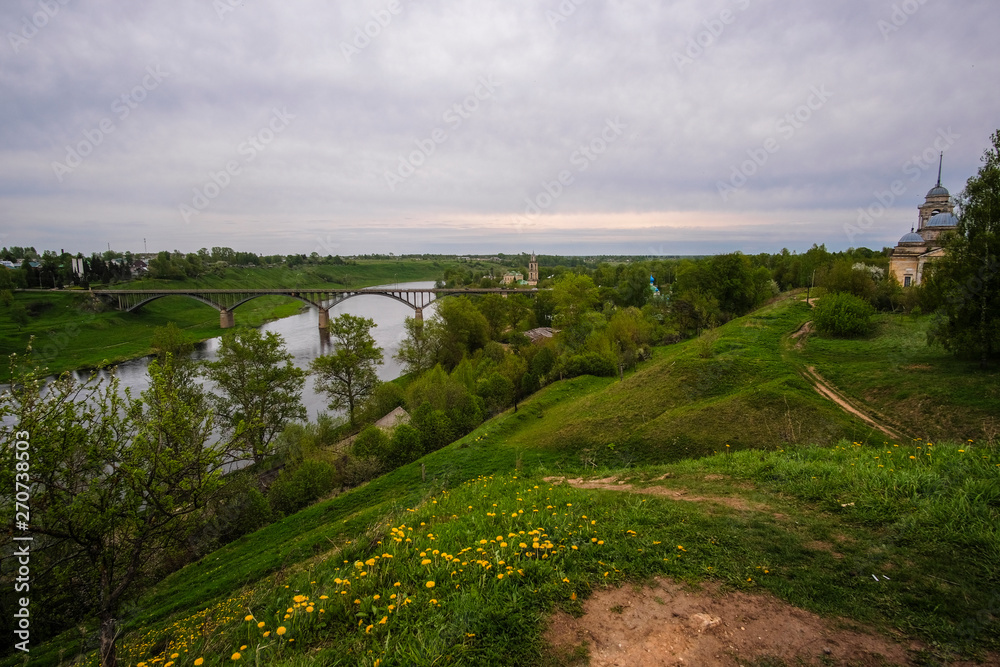 image of the riverbed of the Volga River in the old town of Staritsa, Russia