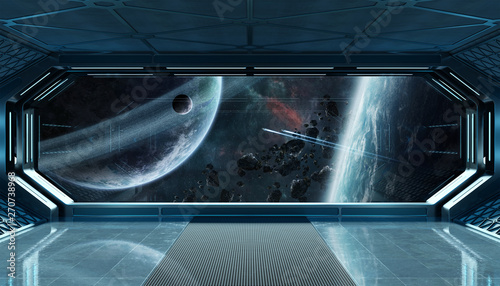 Fototapeta Naklejka Na Ścianę i Meble -  Dark blue spaceship futuristic interior with window view on space and planets 3d rendering