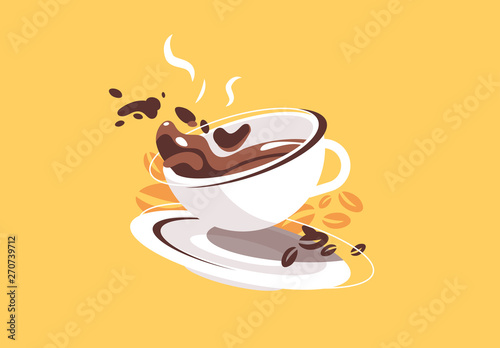 Vector illustration of spilling coffee from a mug, a Cup of coffee with a plate