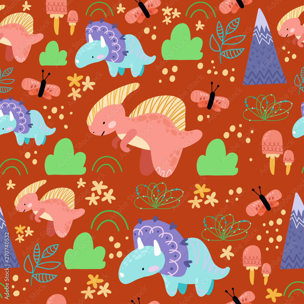 Naklejka premium Cute seamless childish hand drawing pattern. Prehistoric period. Vector scandinavian illustration. Sketch of jurassic reptiles. Cartoon dinosaurs, bushes, butterflies, mushrooms, flowers, mountains. 