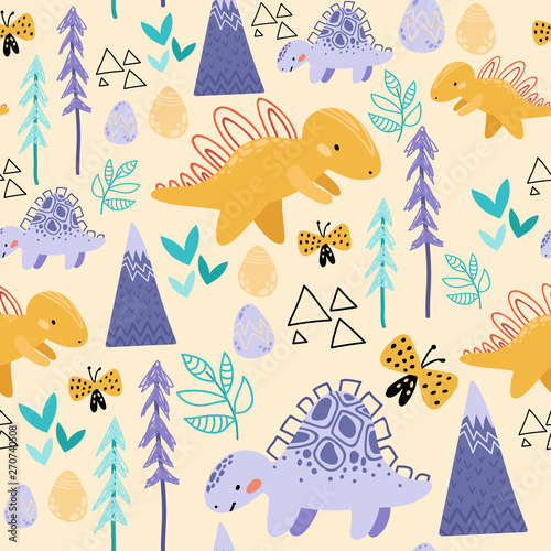 Cute seamless childish hand drawing pattern. Prehistoric period. Vector scandinavian illustration. Sketch of jurassic reptiles. Cartoon dinosaurs, trees, butterflies, flowers, mountains. 