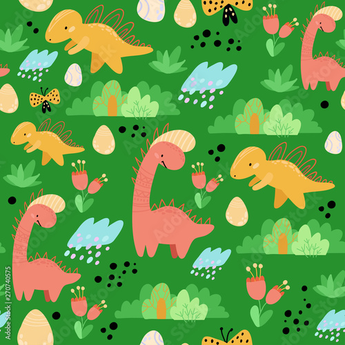Cute seamless childish hand drawing pattern. Prehistoric period. Vector scandinavian illustration. Sketch of jurassic reptiles. Cartoon dinosaurs, bushes, eggs, flowers. Wrapping paper, textiles.