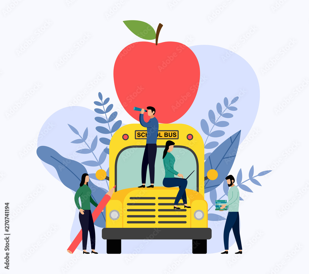 Big red apple on the school bus, education vector illustration