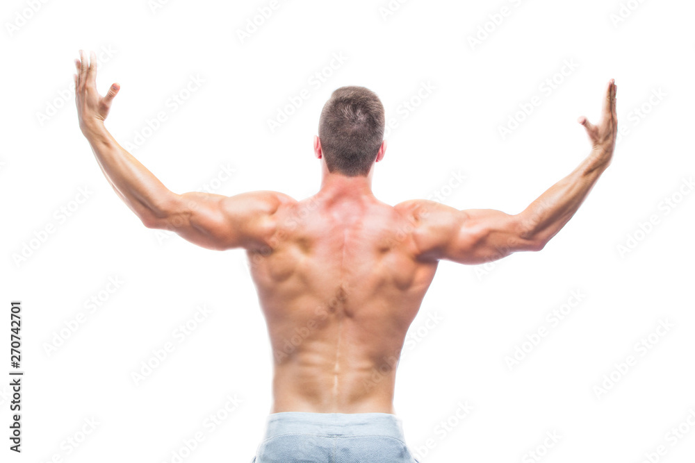 Powerful back. Strong Athletic Man - Fitness Model showing his perfect body isolated on white background with copyspace. Bodybuilder man with perfect abs, shoulders,biceps, triceps and chest. Powerful back. Strong Athletic Man - Fitness Model showing his perfect body isolated on white background with copyspace. Bodybuilder man with perfect abs, shoulders,biceps, triceps and chest.