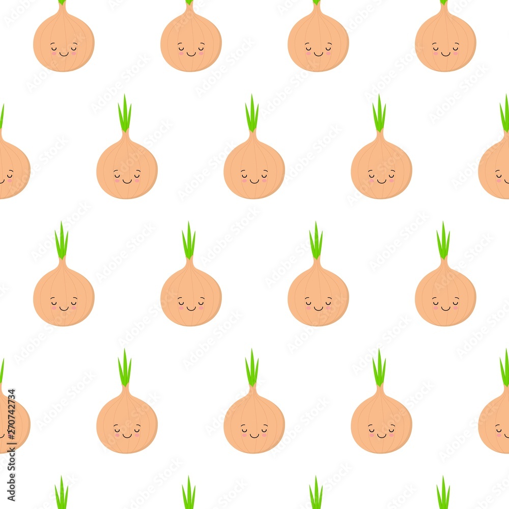 cute kawaii bulbs of onions with smiling faces, eyes and green arrows of onion, on white background, seamless vector pattern cute kawaii bulbs of onions with smiling faces, eyes and green arrows of onion, on white background, seamless vector pattern