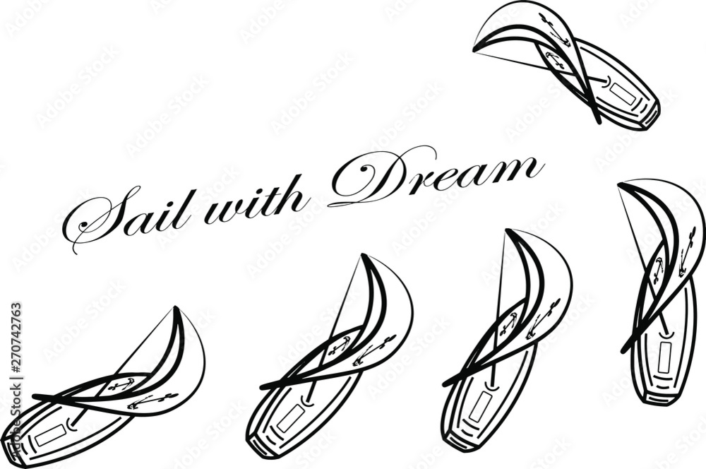 Obraz premium Digitally drawn illustration (in vector) of the five yacht's silhouettes with anchors on the sail and on the surface of the yachts made in black and white colours