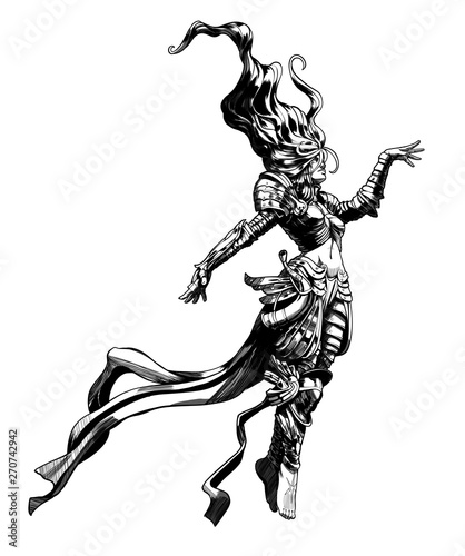 A woman sorcerer in the armor levitates on a white background