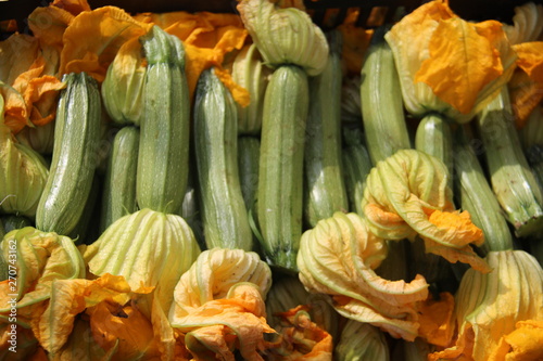 Young Zucchinis With Flowers In Old Local Fruit And Vegetable Market. Corfu Island  Greece