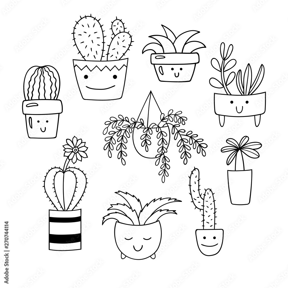 Set of cute cartoon potted plants. Succulents and cacti in flower pots.  Black and white vector clipart. Stock Vector | Adobe Stock