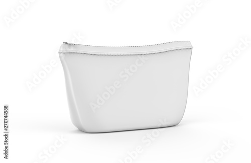 Blank white pouch for cosmetics mock up on isolated white background, empty linen beautician bag with zip mock up template, 3d illustration