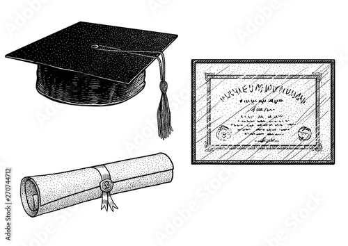 Graduation hat, degree, certificate illustration, drawing, engraving, ink, line art, vector