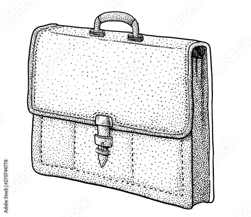 Briefcase illustration, drawing, engraving, ink, line art, vector
