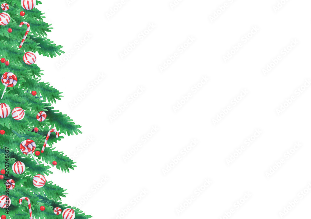 Christmas candies with pine leaves watercolor hand painting for decoration on Christmas holiday festival. Christmas candies with pine leaves watercolor hand painting for decoration on Christmas holiday festival.