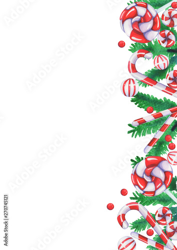Christmas candies with pine leaves watercolor hand painting for decoration on Christmas holiday festival.