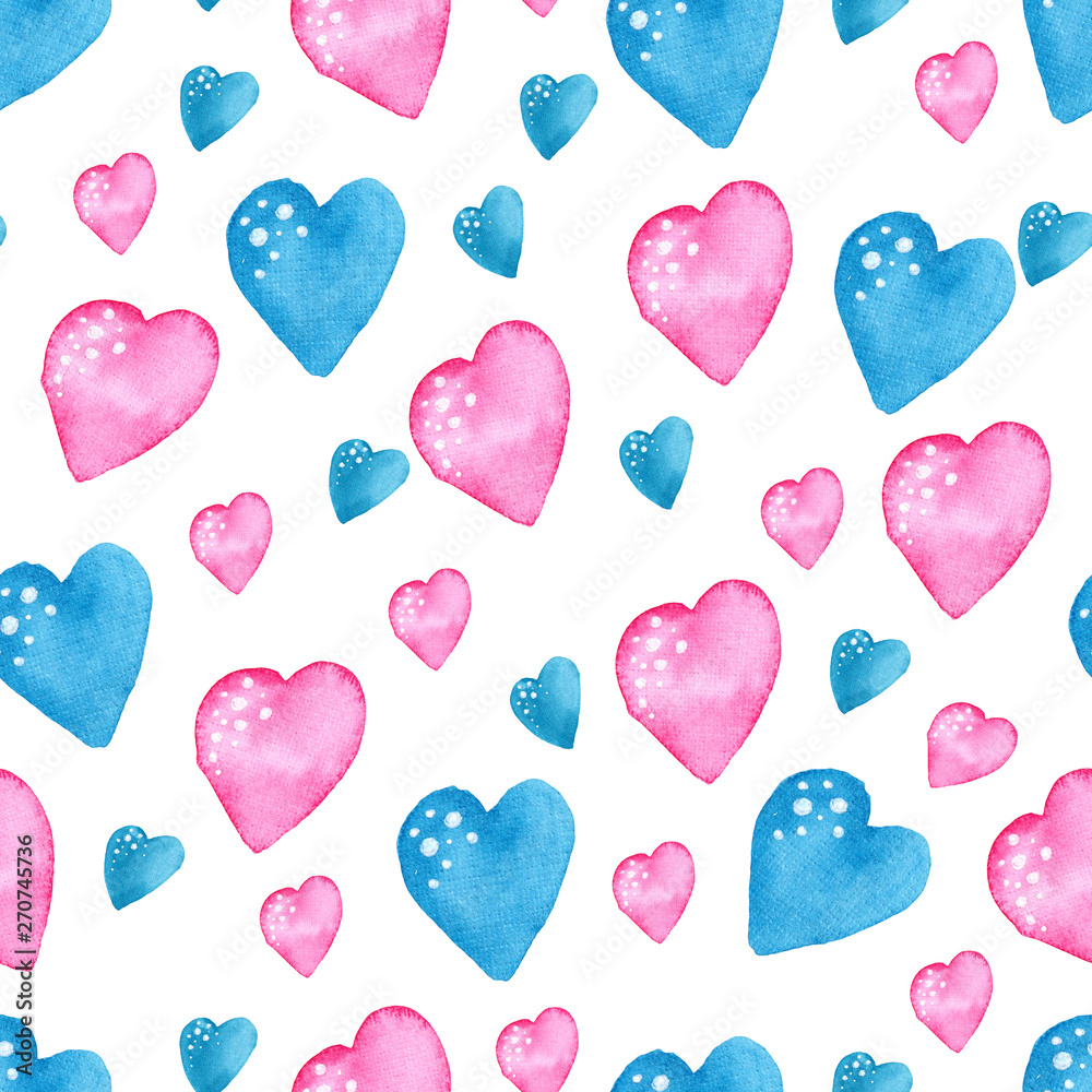 Illustration of watercolor seamless pattern of blue and pink hearts with white droplets on a white background