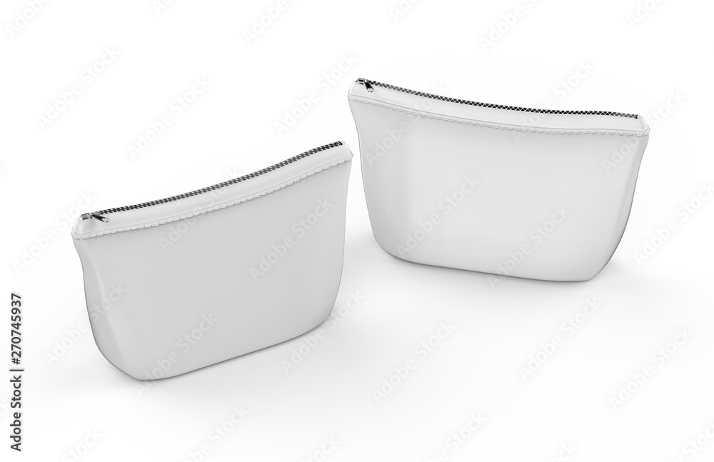 Blank white pouch for cosmetics mock up on isolated white background, empty linen beautician bag with zip mock up template, 3d illustration Blank white pouch for cosmetics mock up on isolated white background, empty linen beautician bag with zip mock up template, 3d illustration