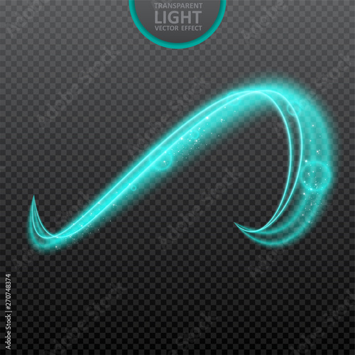 Blue  light effect on transparent background with realistic sparkles. Magic light. Glowing swirl light effect. Vector Illustration