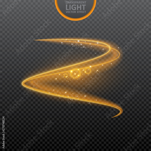 Golden light effect on transparent background with realistic sparkles. Magic light. Glowing swirl light effect. Vector Illustration