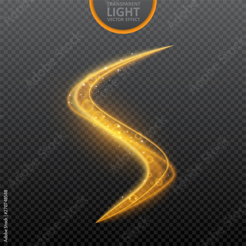 Golden light effect on transparent background with realistic sparkles. Magic light. Glowing swirl light effect. Vector Illustration