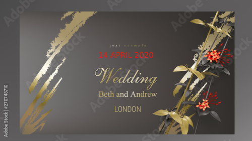 Tropical black gold leaves on dark background vector. Botanical design with golden tropic jungle creeper plant stem, exotic red flower and paint smear. Wedding ceremony invitation card, holiday sale