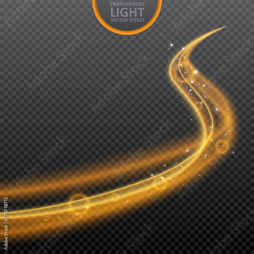 Golden light effect on transparent background with realistic sparkles. Magic light. Glowing swirl light effect. Vector Illustration